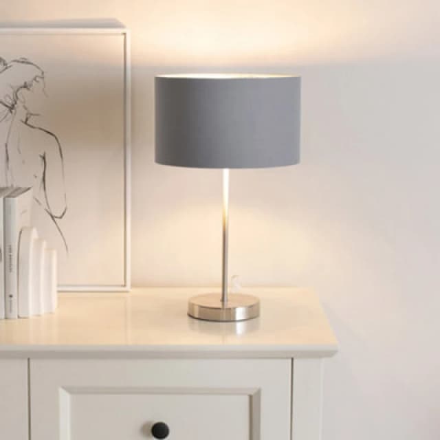 ValueLights ValueLights Charlie Fabric Drum & Chrome Inner Shade Chrome Stem Table Lamp & Bulb in Grey Grey One Size Unisex 5059406060663