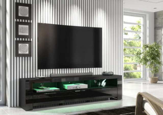 Furneo 200Cm Black Long TV Stand Unit Cabinet Matt & High Gloss RGB (Multicoloured) LED Lights Phantom 10