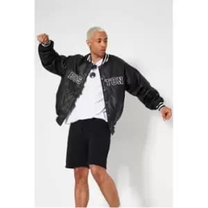 I Saw It First Premium Faux Leather Boston Graphic Padded Bomber Jacket - Black