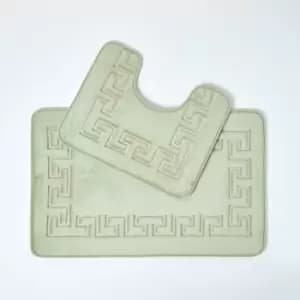 Memory Foam Greek Key Sage Green Bath Mat - Green - Green - Green - Homescapes