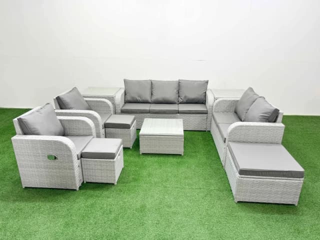 Fimous PE Rattan Garden Furniture Set Adjustable Chair Sofa Double Love Seat 2 Seater Sofa Lounge Set Square Coffee Table 3 Stools 2 Side Table Light