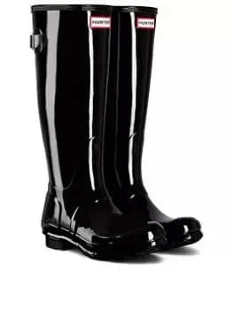 Hunter Original Back Adjustable Gloss Wellington Boot Black, Size 6, Women