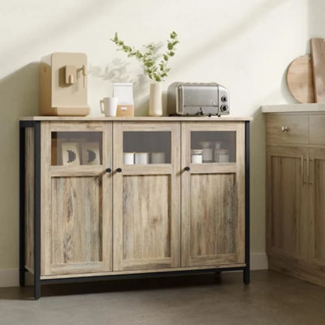 Songmics Sideboard, Buffet Table, Storage Cabinet With Glass Doors, Steel Frame, Industrial Style, Turquoise Brown And Ink Black