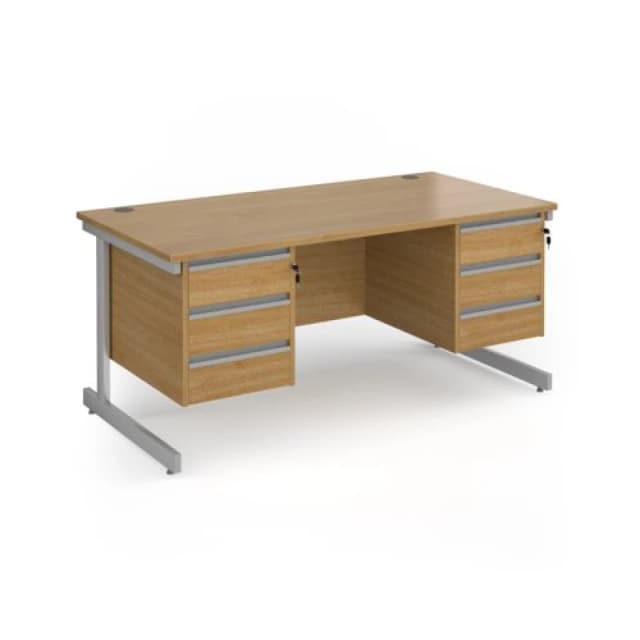 Contract 25 Office Desk Rectangular Desk 1600mm With Double Pedestal Oak Top With Silver Frame 800mm Depth Contract 25 CC16S33-S-O Oak CC16S33