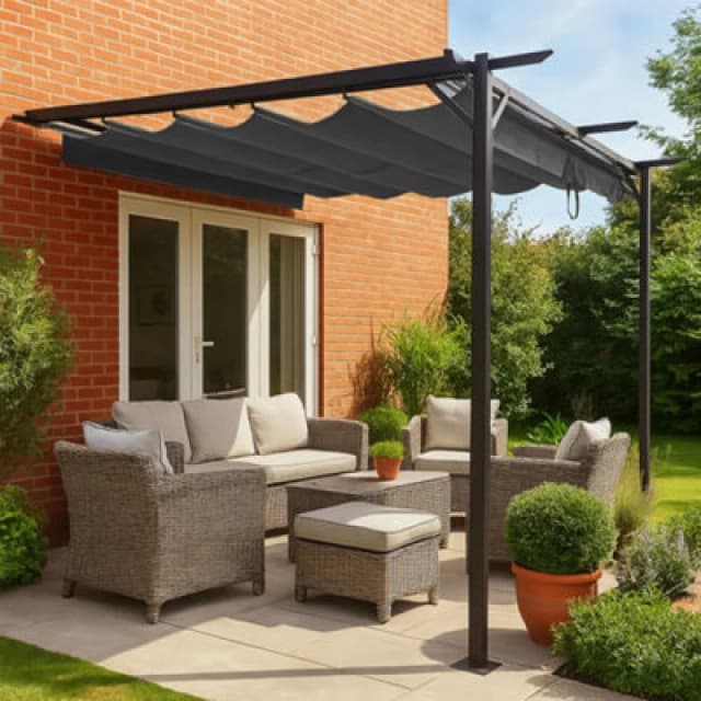 Jack Stonehouse Outdoor Wall Mounted Pergola - Retractable Water-Resistant Roof Canopy & Steel Frame. For Sun, Bbq, Parties - Grey - 3M X 3M