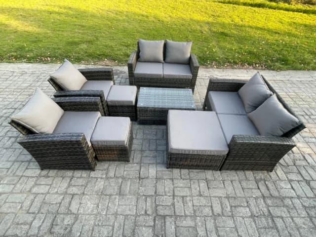 Fimous Garden Furniture Sets 8 Pieces Outdoor Rattan Furniture Manual Wicker Patio Sofa Chair Set with Coffee Table 3 Footstool in Dark Grey Dark Grey