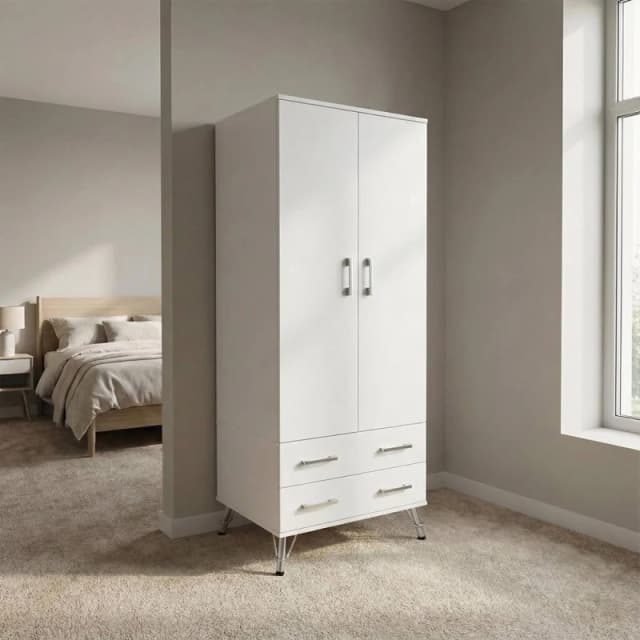 FWStyle Maldon 2 Door Double Wardrobe With 2 Drawers Matt White White Unisex