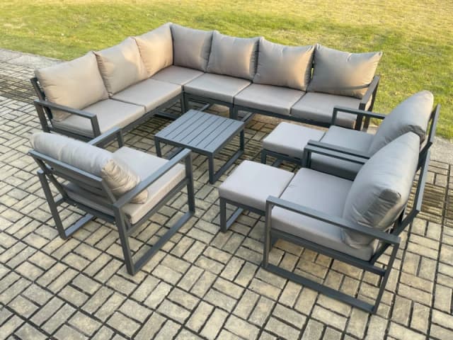Fimous 11 Seater Aluminium Garden Furniture Set Outdoor Lounge Corner Sofa 3 Pcs Chair Square Coffee Table Sets with 2 Small Footstools Dark Grey Dark