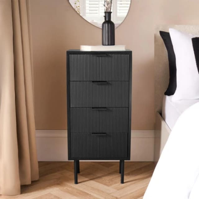 OHS OHS Ribbed Bedside Table Modern Bedroom 4 Draw Office Nightstand in Black One Size Unisex 5027434198559