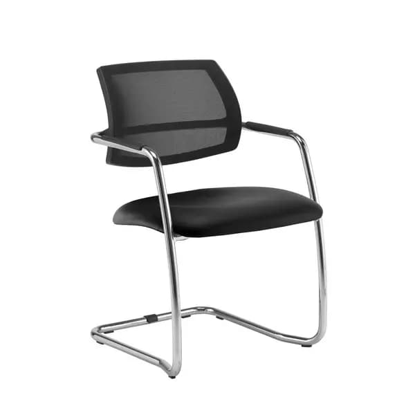 Tuba chrome cantilever frame conference chair with half mesh back - Nero Black vinyl