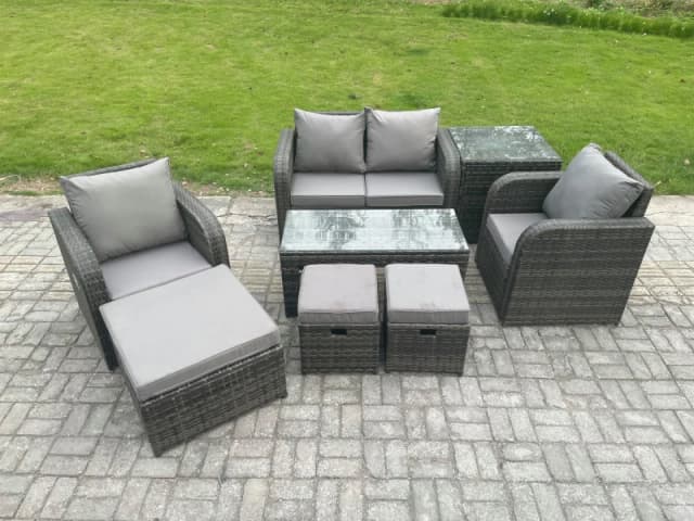 Fimous 7 Seater Rattan Lounge Sofa Set Outdoor Garden Furniture Set with Rectangular Coffee Table Love Sofa Side Table Dark Grey