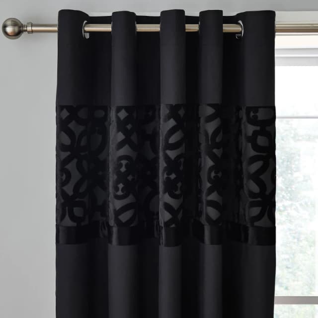 Catherine Lansfield Lattice Cut Velvet Lined Eyelet Curtains Curtains 66x72 Inch Black 42197703002