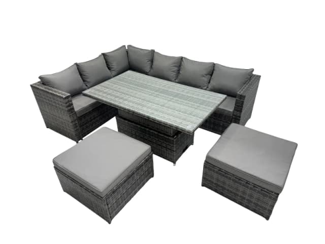 Fimous 8-seater Rattan Garden Furniture Dining Set with 2 Big Stool in Dark Grey Dark Grey Unisex