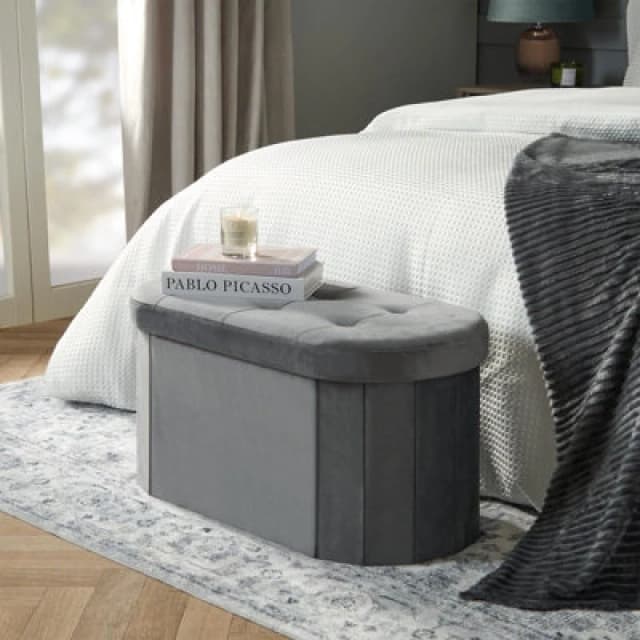 OHS OHS Folding Ottoman Storage Box Footstool Tub Space Saving Velvet Seat, Lozenge in Charcoal Charcoal One Size Unisex 5027434215782