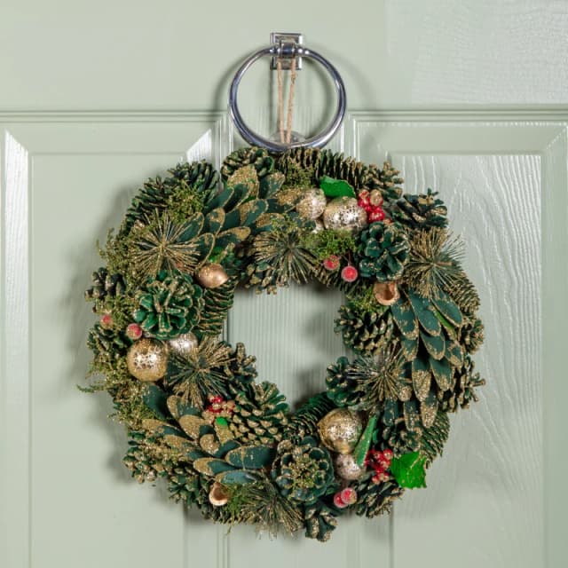 36cm Bauble and Pinecone Hanging Christmas Wreath with Red Berries