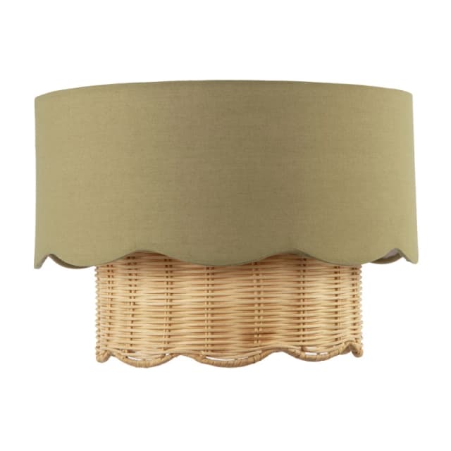 Happy Homewares Dark Olive Linen Fabric & Natural Rattan Scallop Pendant Lamp Shade Olive Unisex