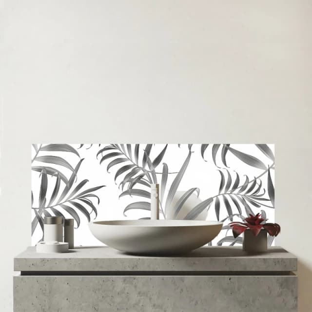 Warren Reed - Designer Hawaiian Style Palm Leaves Glass Bathroom Splashback in Grey Grey Unisex