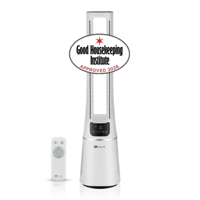 PureMate 2-in-1 Bladeless Tower Fan & air purifier w/ HEPA Filter, 10 Speed Settings, Portable Ultra Quiet Standing Fan w/ Remote Control, Digital Whi