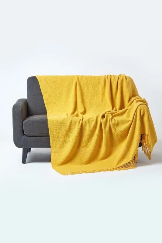 Homescapes Nirvana Slub Cotton Ochre Yellow Throw, 255 X 360 Cm
