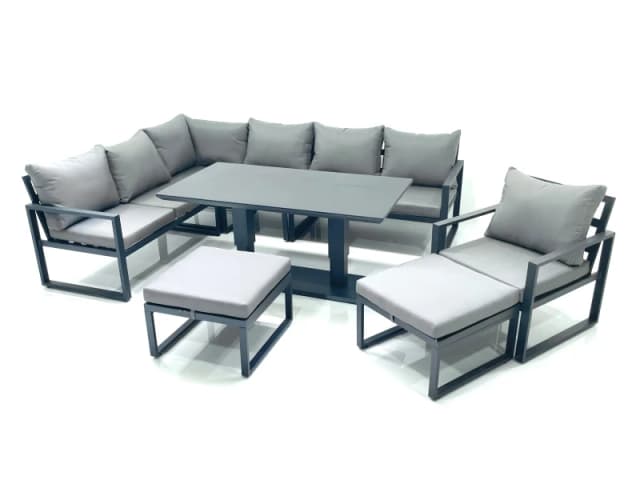 Fimous Aluminum Outdoor Garden Furniture Set Corner Sofa Chair 2 Big Footstools Adjustable Rising Lifting Dining Table Sets Dark Grey Dark Grey Unisex