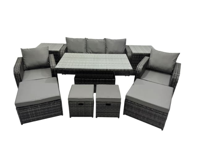 Fimous Rattan Garden Furniture Dining Set with 2 Side Table 2 Big Footstool in Dark Grey Dark Grey Unisex
