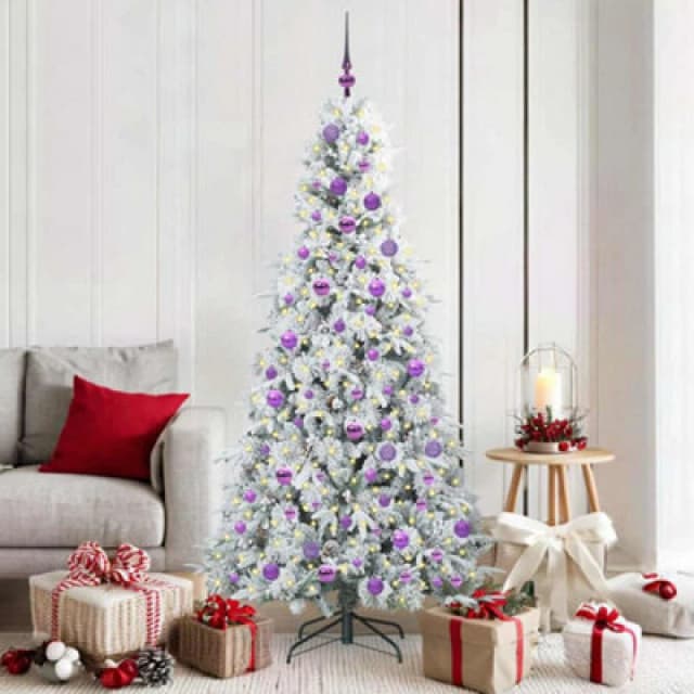 vidaXL Artificial Hinged Christmas Tree with Lilac Balls Snow Flocked Green 180cm PE and PVC, Green 3397490
