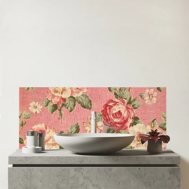 Warren Reed - Designer Vintage Pink Textured Roses Glass Bathroom Splashback Pink Unisex