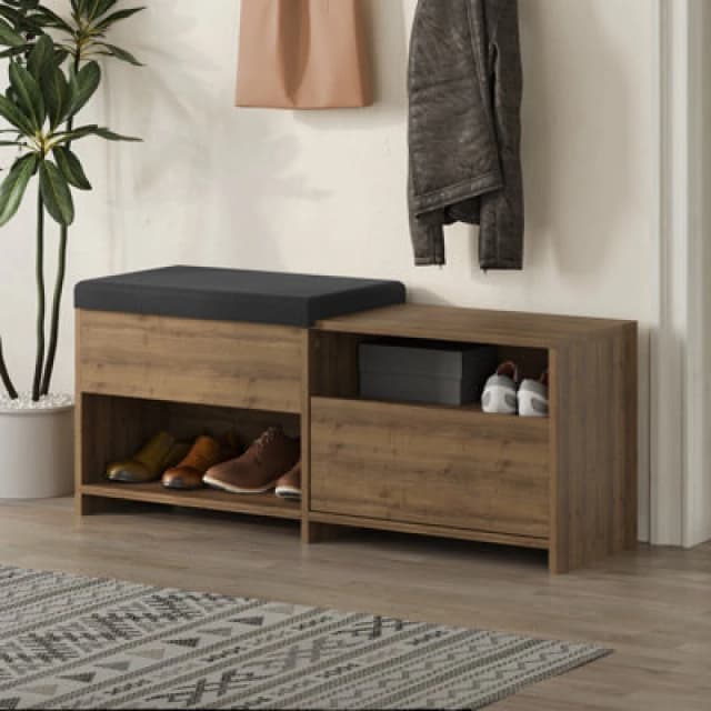 Decortie Modern Filux Shoe Bench Rack Dark Oak Effect Sliding Fabric Seat And 120.3(W) Storage Cabinet 2-Tier Open Shelves Hallway