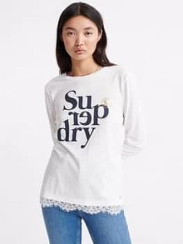 Superdry Tilly Lace Long Sleeve Graphic Top - White, Size 8, Women