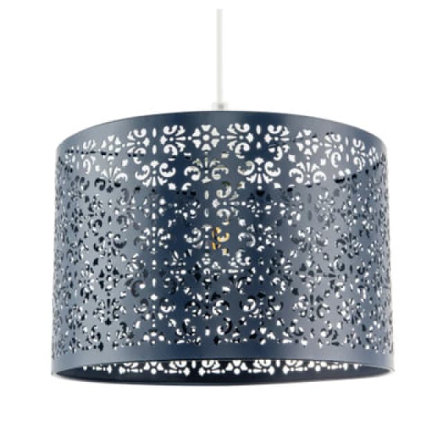 Happy Homewares Midnight Blue Moroccan Metal Pendant Lamp Shade With Floral Decoration