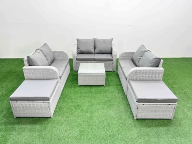 Fimous 8 Seater PE Wicker Rattan Furniture Sofa Sets with Square Coffee Table 2 Seater Love Sofa 2 Big Footstool Light Grey Light Grey