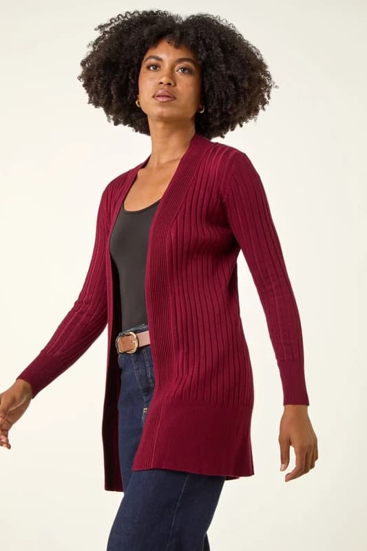 Roman Longline Stretch Ribbed Cardigan Wine