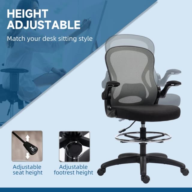 VINSETTO Draughtsman Chair Tall Office Chair w/ Adjustable Footrest, Dark Grey Dark Grey