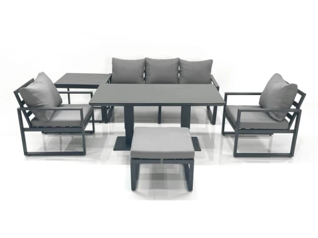 Fimous Outdoor Aluminium Garden Furniture Set with Adjustable Rising Lifting Dining Table 3 Seater Sofa 2 Chair Big Footstool Side Table Dark Grey Dar