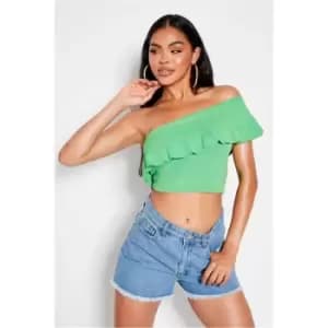 I Saw It First Green Frill Edge One Shoulder Knitted Crop Top - Green