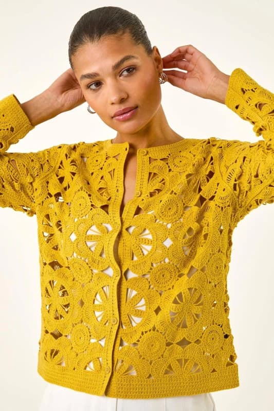 Roman Womens Crochet Knit Cardigan in Yellow Size: Small Yellow Female S