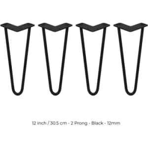 4 x Hairpin Legs / Hair Pin Legs Set SkiSki Legs Furniture Desk Bench Chair Table 12" 2 Prong 12mm Black Steel & Protector Feet - Black
