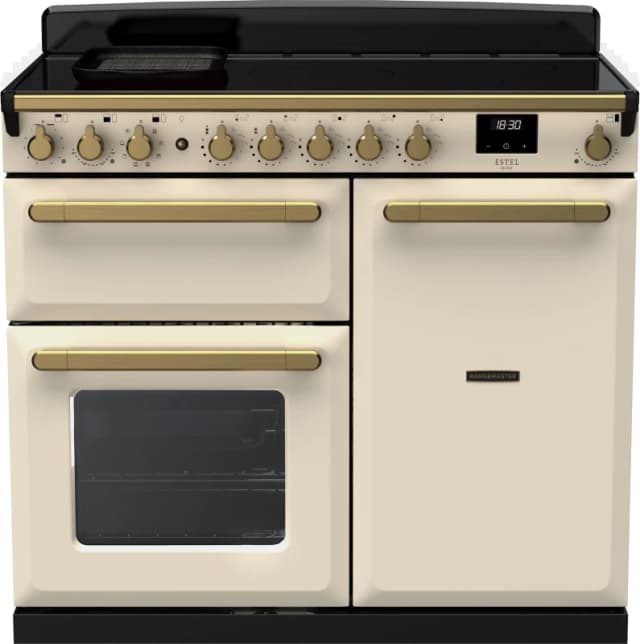 Rangemaster Estel Deluxe ESDL100EIPPCR/AB1 100cm wide Electric Range Cooker with Induction Hob - Cream / Antique Brass - A/A Rated