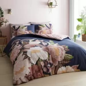 Catherine Lansfield Opulent Floral Reversible Easy Care Duvet Cover Set, Navy, King