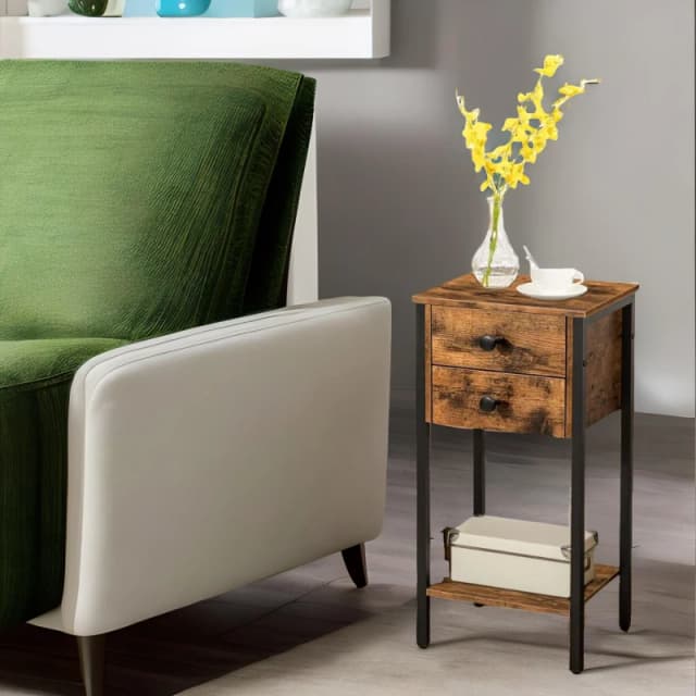 Rafaelo Mobilia Slim Side Table with 2 Drawers in Brown Brown Unisex