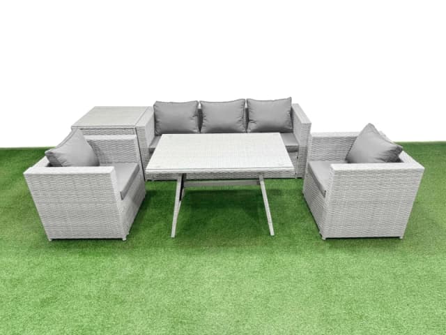 Fimous Outdoor PE Rattan Sofa Armchair Set with Side Table 6 Pieces in Light Grey Light Grey Unisex
