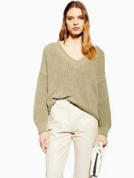 Topshop V-Neck Boxy Fit Knitted Jumper - Olive