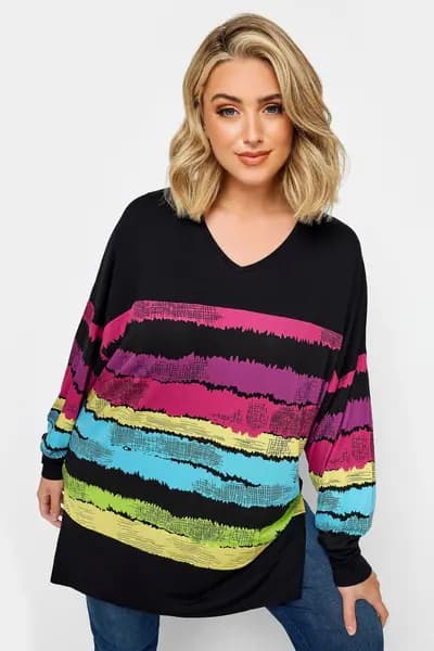 Yours Brush Stroke Stripe Top - Multi, Black, Size 30-32, Women
