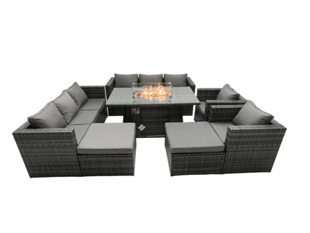 Fimous Rattan Garden Furniture Firepit Dining Set 10 Seater Lounge Sofa Table Set with 2 big Footstool Dark Grey