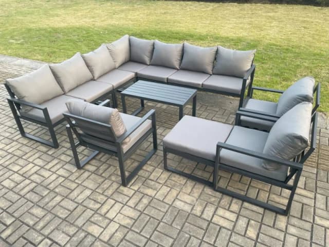 Fimous Aluminium Patio Outdoor Garden Furniture Lounge Corner Sofa Set with Oblong Coffee Table Big Footstool 3 Chair Dark Grey Dark Grey Unisex