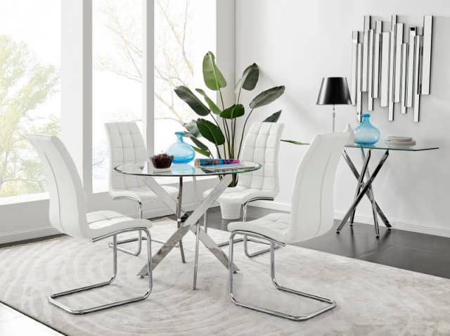FurnitureboxUK FurnitureboxUK Novara Chrome Metal 100cm Round Glass Dining Table And 4 Murano Dining Chairs in White White One Size Unisex 50565426405