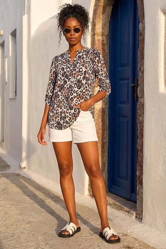 Roman Animal Print Stretch Blouse Taupe female