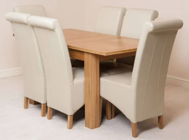 Thats Furniture Hampton 120-160cm Oak Extending Dining Table & 6 Montana Leather Chairs in Cream Cream Unisex