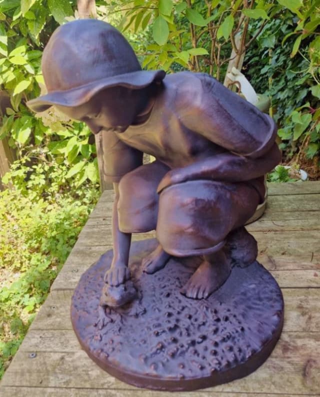 Inspirational Gifting Boy Playing with Frog Garden Ornament Sculpture in Bronze Bronze Unisex