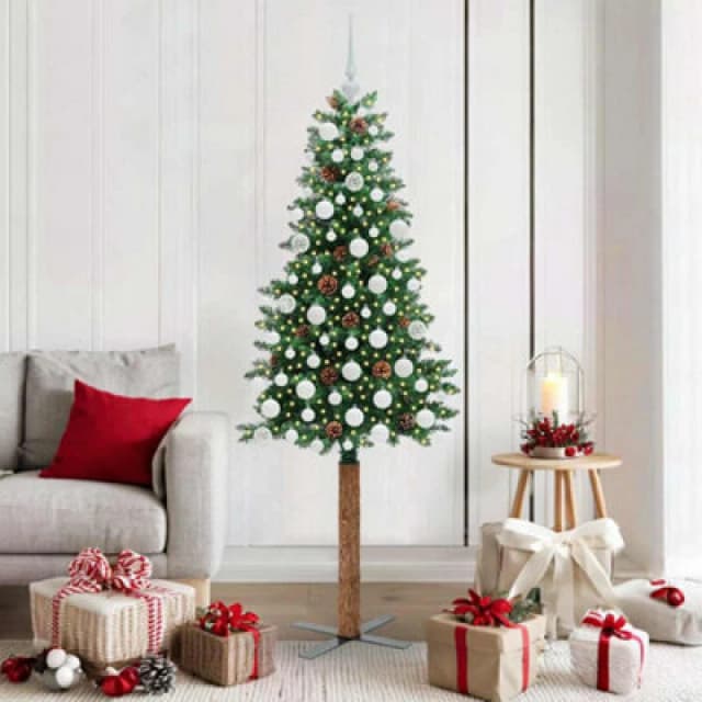 vidaXL Slim Christmas Tree with White Balls Green 180cm PVC and Solid Pine wood, Green 3394867